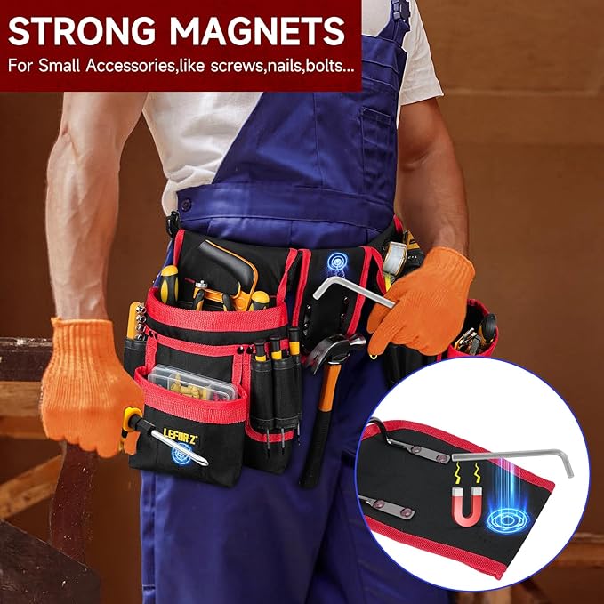 Tool Belt,Magnetic Tool Pouch,27-Pockets Heavy Duty Padded Tool Belts for Men,Detachable & Adjustable Tool Pouch Bag for Electrician,Carpenter,Construction,Work Apron,Utility Belt,Black,Red