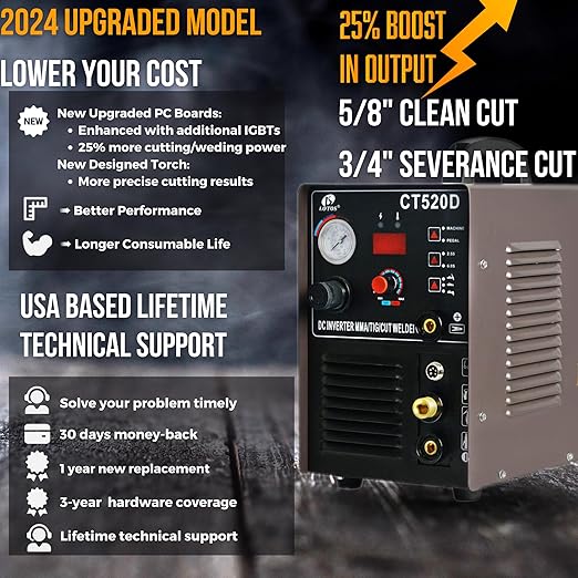 LOTOS CT520D 50 AMP Air Plasma Cutter, 200 AMP Tig and Stick/MMA/ARC Welder 3 in 1 Combo Welding Machine, 5/8 Inch Clean Cut, Brown