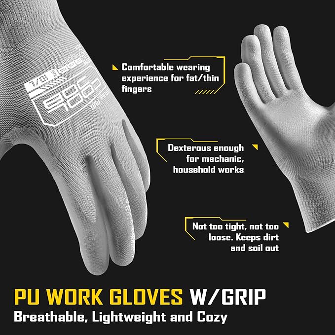COOLJOB 60 Pairs Safety Work Gloves Pack Bulk with Grip PU Coating, 13 Gauge Seamless Knit Gloves with Polyurethane Dipped for Warehouse Working, Breathable Lightweight for Men Women, Grey Small