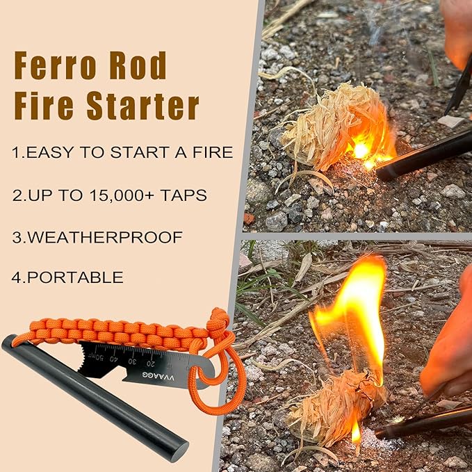 VVAAGG Flint and Steel Fire Starter Kit Survivor, 3/8" 1/2 inch Ferro Rods and Magnesium Rods with Paracord Handle