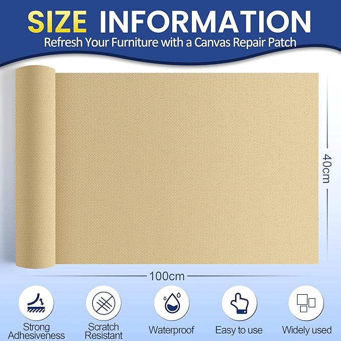 Self-Adhesive Canvas Repair Tape, 16" x 40" Waterproof Canvas Repair Patch, Fabric Patch Repairs Kit for Furniture, Tents, Sunbrellas, Boat Covers Awnings, Couches, Clothes, Bags Beige