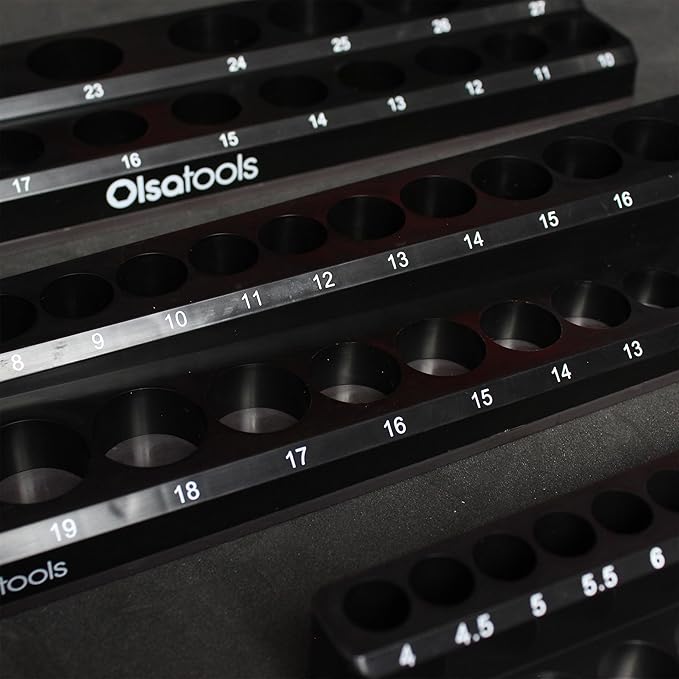 Olsa Tools Magnetic Socket Organizer | 6 Piece Socket Holder Set | 1/2-inch, 3/8-inch, & 1/4-inch Drive | Metric Black, SAE Green | Holds 143 Sockets | Professional Quality Tool Organizers