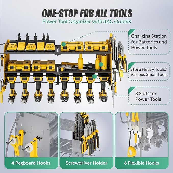 Suchtale Power Tool Organizer with Charging Station,33.2" Garage 8 Drill Holders Wall Mount,3 Layers Heavy Duty Metal Tool Shelf with 8 Outlets Power Strip, Gift for Men, Father, Yellow