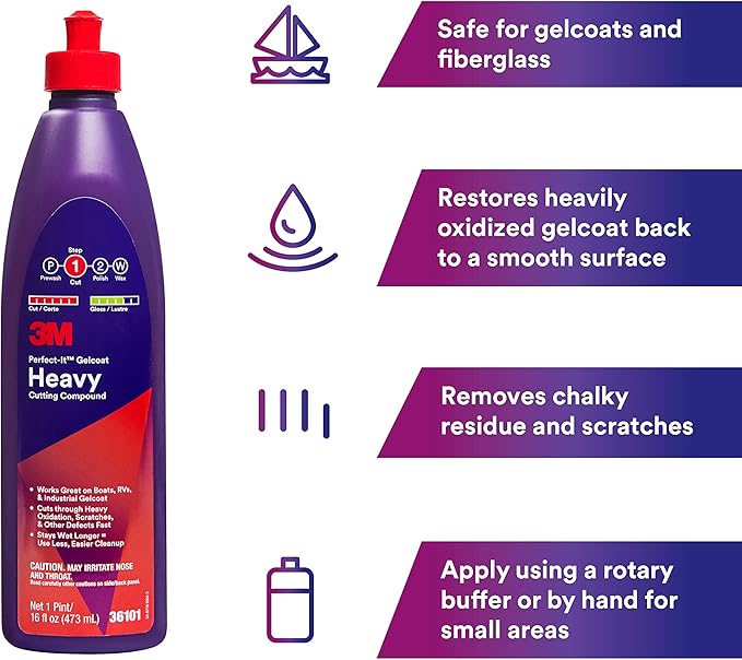 3M Perfect-It Gelcoat Heavy Cutting Compound, 36101, 1 Pint, Fiberglass Oxidation Remover for Boats and RVs , Red