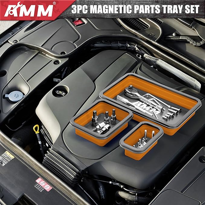 AMM Foldable Magnetic Parts Tray Set, 3 Different Size Magnetic Tool Trays for Bolts Screws Nuts & Small Metal Parts, Mechanic Tool Present for Men，Orange