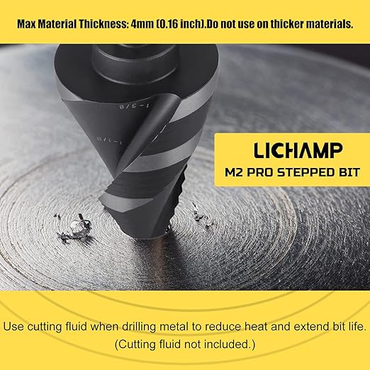 Lichamp Unibit Step Drill Bit for Metal, Genuine M2 Drill Stepper Bit for Hard Metal Heavy Duty, 19 Sizes from 3/16" to 1-3/8", Spiral Grooved with Hex Drive, C1BK