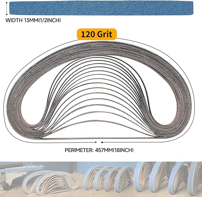 40-Piece 1/2 x 18 Inch 120 Grit Zirconia Sanding Belts, Heavy Duty Long-lasting Mini Sanding Bands for Belt Sander, Rust Paint Removal, Wood Metal Grinding and Finishing