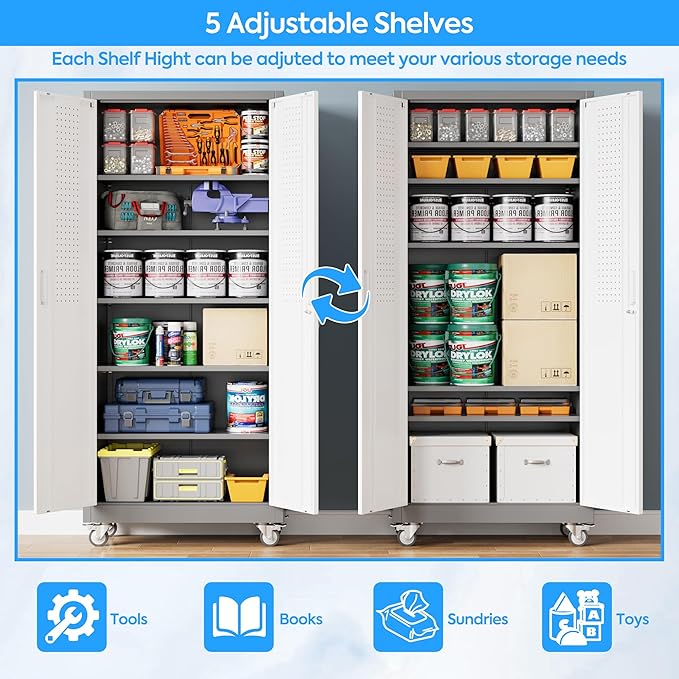 Metal Garage Cabinet with Wheels and Pegboard 71'' x 32'' x 16'', Lockable Rolling Steel Cabinet with 5 Adjustable Shelves and Door for Garage, Office, Kitchen, Assembly Required