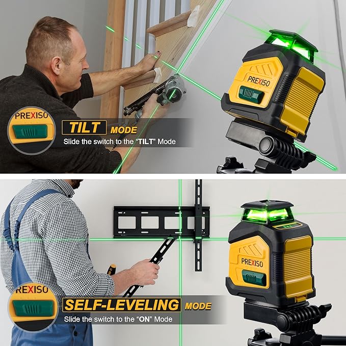 PREXISO 360° Laser Level Self Leveling, 100Ft Dual Power Cross Line Laser - Wide Angle Vertical Line for Construction, Floor Tile, Renovation with Magnetic Base, Wall Panel Stand, Carry Bag