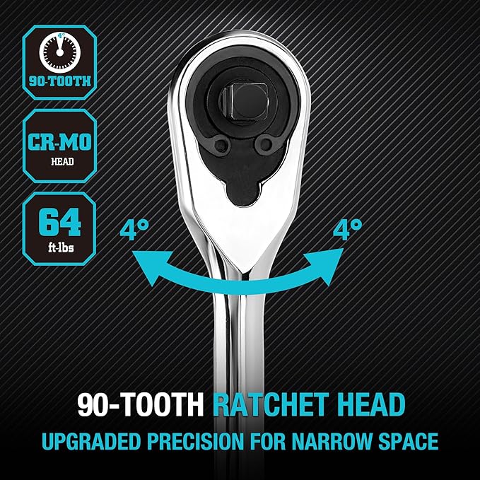 DURATECH Extra Long Handle 1/4-Inch Drive Ratchet, 90-Tooth Ratchet Wrench with 8" Handle and Dust Proof Teardrop Enclosed Head, Reversible, CR-V Steel Made, CR-MO Head, Full Polished, Gifts for Men