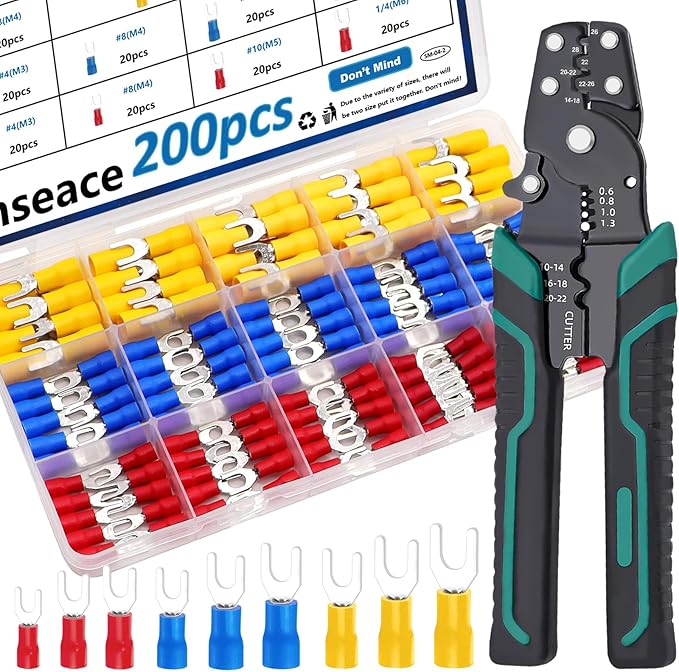 smseace 201pcs Crimping Tool with Fork Spade Connectors 12-Sizes(M3/M4/M5/M6) 22-10AWG Wire Fork Connectors U-Type Terminal Multifunction Wire Crimping Tool