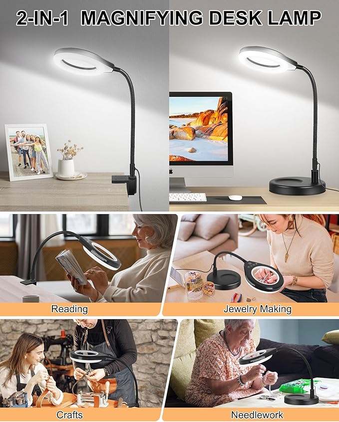 Flexible Gooseneck 2-in-1 Magnifying Glass with Light and Stand,10x & 5x Real Glass Lens Magnifying Lamp, 5 Color Stepless Hands-Free LED Desk Lamp with Clamp for Painting, Crafts, Reading (White)
