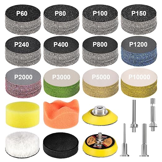 189 Pieces 2 Inch Sanding Discs, GOH DODD Hook and Loop Sanding Pads 60 to 10000 Grit Wet Dry Sandpaper with 1/8" 1/4” Shank, Backing Pad, Polishing Pads and Interface Pad for Auto Metal Resin Wood