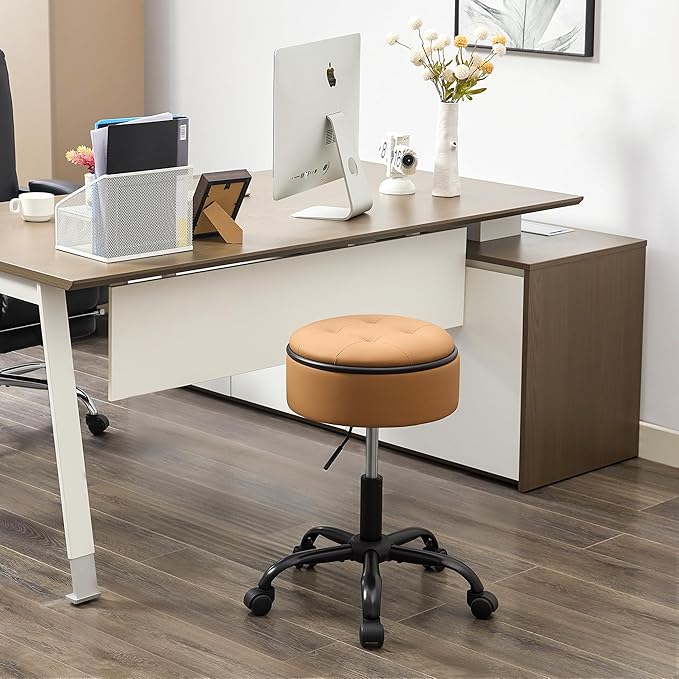 Drafting Chair with Wheels (Stool & Small Table in One) (Adjustable Office Chair 20.67"-24.61"), Caramel Brown Rolling Stool with Storage