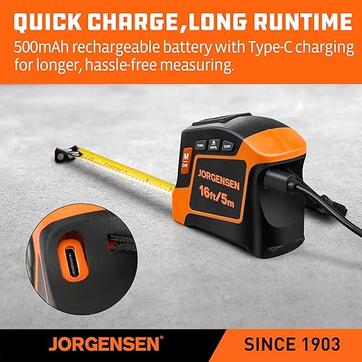 JORGENSEN Digital Tape Measure, 2-in-1 16Ft Rechargeable Digital Measuring Tape Ft/Ft+in/in/M/CM/MM Unit, Metric & Inches Tape Measurement Tool for Pythagorean, Area, Volume