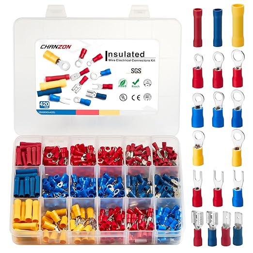 Chanzon Insulated Wire Connector (Butt Spade Fork Ring) Crimp Terminal Splice, Male & Female Quick Disconnect Kit Solderless Assorted Electrical Crimping Tools(420pcs)