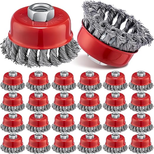 Tandefio 24 Pcs Wire Wheel Cup Brush with 5/8"-11 Threaded Arbor for 4 1/2 Angle Grinder Twisted Knotted Grinder Abrasive Wire Brushes for Heavy Cleaning Rust Removal