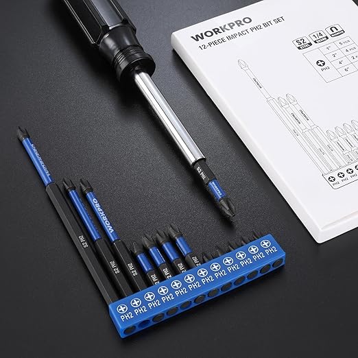 WORKPRO 12pcs PH2 Impact Phillips Screwdriver Bit Set, S2 Professional CNC Anti-Slip Magnetism Bits, 1/4" Hex-Shank #2 Phillips Impact Driver Bits, 1-6" Long Impact Screwdriving Bits with Holder