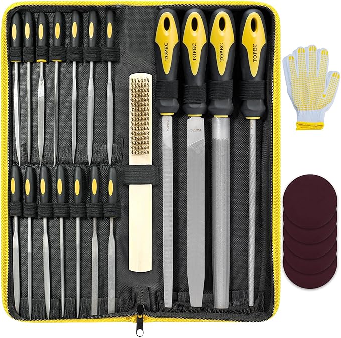 Topec 26Pcs File Set, Round and Flat File Kits are Made of High Carbon-Steel, Ideal Wooden Hand Tool for Woodwork, Metal, Model & Hobby Applications