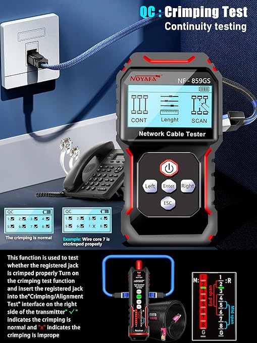 NF-859GS Network Cable Tester with VFL Functio 10mw Visual Fault Locator,for POE RJ45 RJ11 CAT5 CAT6 Cable Toner Continuity TestTelephone/Ethernet/LAN/Wire Tracer