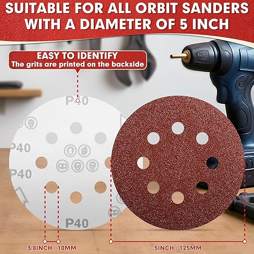 JTIEO 5 Inch Sanding Discs – 180 PCS Sandpaper Assortment for Orbital Sander Pads, Hook & Loop Sanding Pads, Round Sanding Disc Set for Random Orbital Sanders