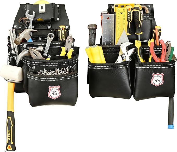 Leather Tool Belt with Adjustable Hook - Premium Heavy Duty Tool Belts for Men with 22 Multi-Purpose Pocket Tool Pouch (Black, Standard), RG-004