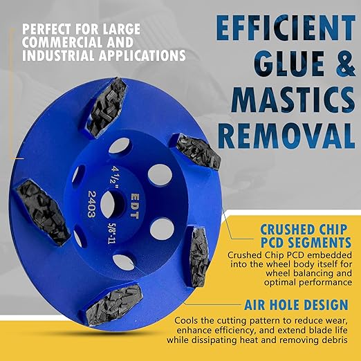 4.5" PCD Grinding Wheel for Epoxy, Glue, Mastic and Paint, 5 Crushed Chip PCD Segments, 5/8"-11 Threaded Arbor