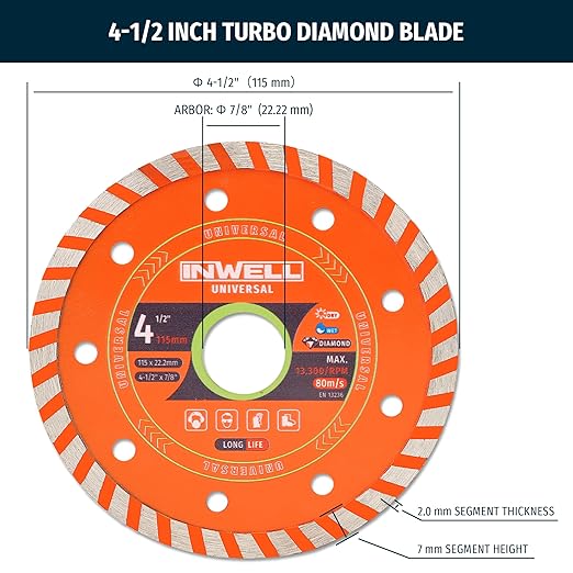 4.5 Inch Diamond Turbo Saw Blade for Stone, Marble, Granite, Concrete, Brick, High-Performance Cutting (2-Pack)