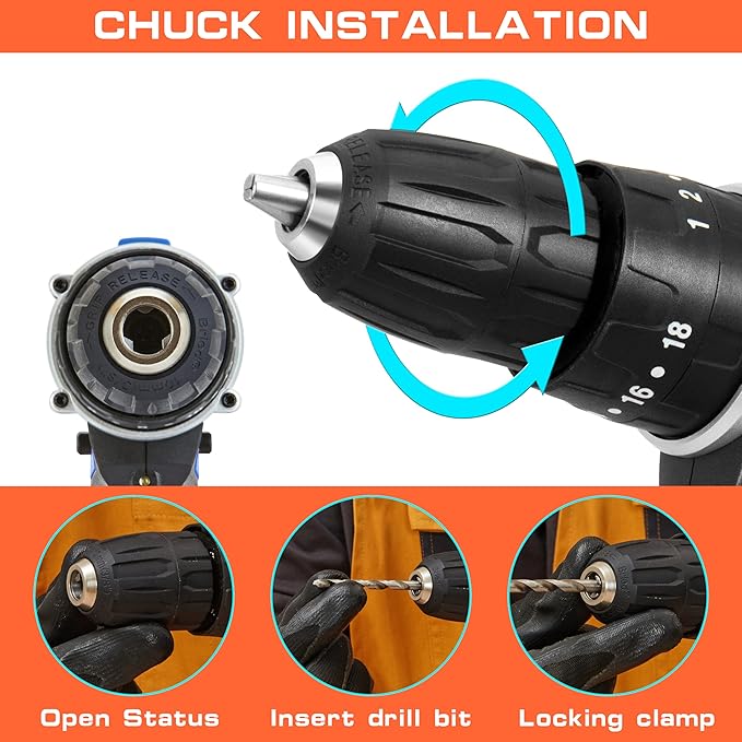Cordless Drill, 2 Variable Speed Impact Driver 45Nm Torque, 3/8" Keyless Chuck Drill/Driver Sets, 2 Batteries and Charger