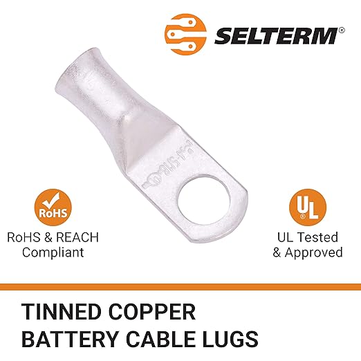 SELTERM 10pcs 4 AWG-5/16 Stud Tinned Copper Wire Lugs, Heavy Duty Battery Cable Ends,4 Guage Ring Terminals, UL Battery Lugs Marine Grade Copper Eyelets Electrical Battery Terminal Connectors