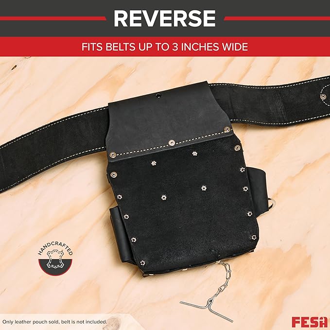 FESA Leather Electrician Tool Pouch - 13-in-1 Top Grain Leather Electrician Pouch w/Steel Hammer Loop, Tape Measure Clip, Tape T-Chain & 6 Pockets - Fits Belts up to 3" - Handcrafted