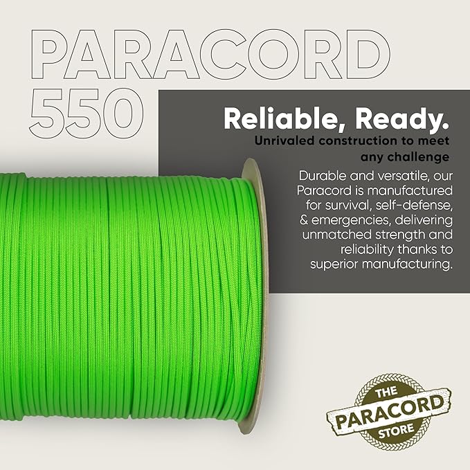 The Paracord Store | Type III 550 Paracord - 1000 FT Spool, Neon Green | Heavy Duty 7 Strand Tactical Paracord - USA Made Nylon Outdoor Parachute Cord for Camping, Fishing & More - Survival Cord