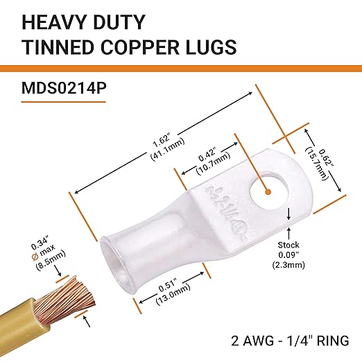 SELTERM 25pcs 2 AWG 1/4" Stud Marine Grade Tinned Copper Battery Cable Lugs, 2 Gauge Ring Terminals, UL Wire Lugs Electrical Battery Cable Ends, Tinned Copper Lugs Battery Terminal Connectors
