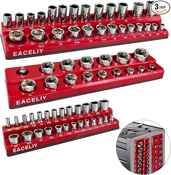 3Pcs 1/2", 1/4" and 3/8" Magnetic Socket Organizer Set,SAE Socket Holder Kit, Socket Trays，holds 68 Deep and Shallow 3/8" Sockets(sockets not included)