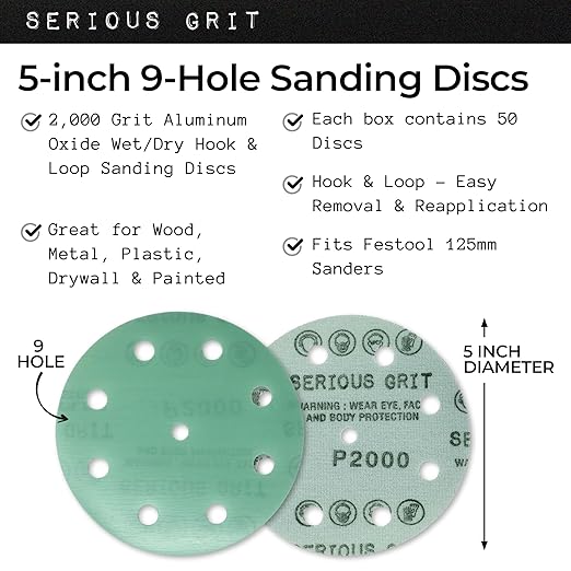 5-Inch 9-Hole 2000 Grit Sanding Discs - Heavy-Duty Hook & Loop Film Discs - Sandpaper for Random Orbital Sanders - 50 Pack Box