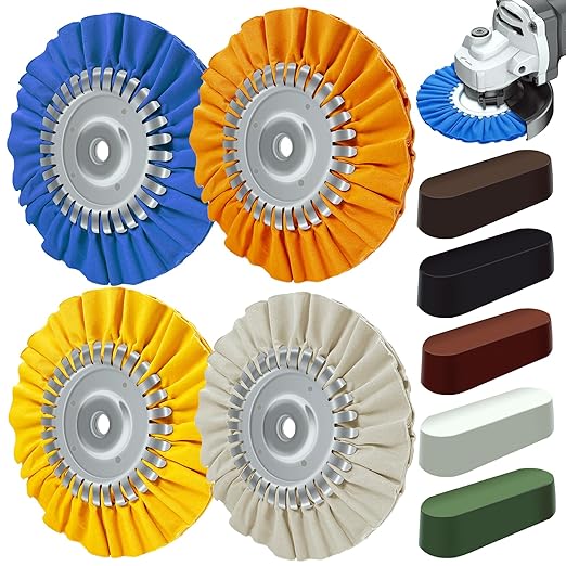 8" Airway Buffing Wheel, 9Pcs Aluminum Wheel Polishing Kit in Diameter 5/8 inch Arbor Hole, Polishing Compound and Aluminum Metal Polishing Wheel Kit for Angle Grinder Mirror Finish
