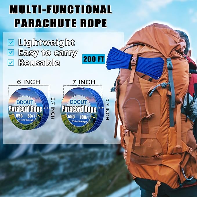 Paracord Nylon Rope Blue 50ft with 7-Strand Core, 10 Colors and 50/100/200 ft, Type III Parachute Cord 4mm for Camping, Survival, Hiking, DIY, Crafting, Outdoor Utility Rope