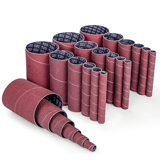 LotFancy Spindle Sanding Sleeves, 120 Grit, Pack of 24, Aluminum Oxide Abrasive, 4-1/2” Length, 4 Each of 1/2”,3/4”,1”,1-1/2”, 2” and 3”
