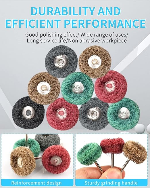 Rocaris 50 Pcs Abrasive Buffing Wheels, 1 inch Abrasive Buffing Polishing Wheels Burr for Rotary Tools-1/8(3mm) Shank, 120Grit, 180Grit, 320Grit, 400Grit, 600Grit