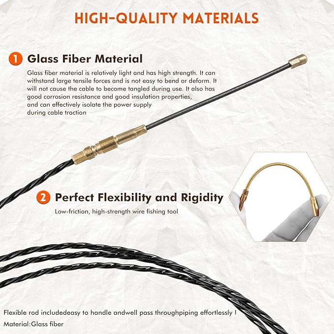 Fish Tape Wire Puller- Fiberglass Fish Tape Cable Puller Kit 164FT 3.5mm PET Wire Pulling Tools- Cable Pulling Aid Including 5 Adapters