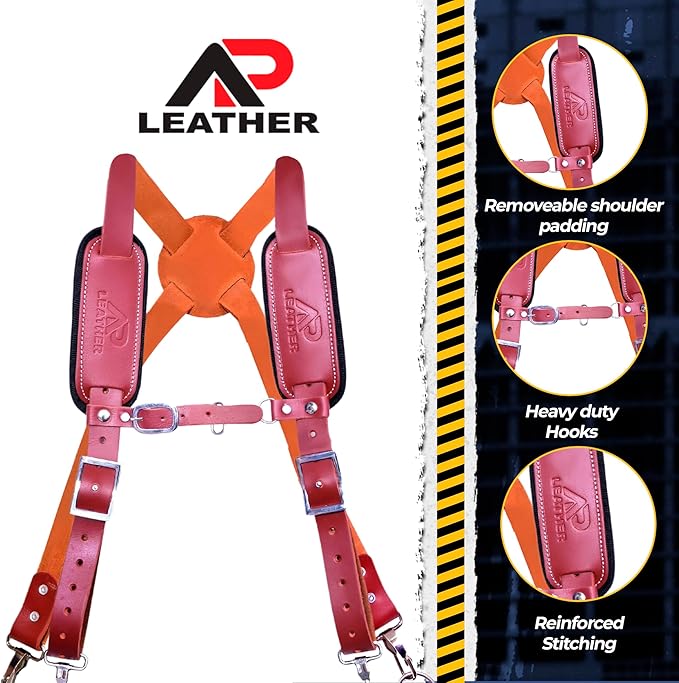 Tool Belt Suspenders – Heavy-Duty Adjustable Work Suspenders with 4 Detachable D-Loop for Construction Tool Belt (Maroon)