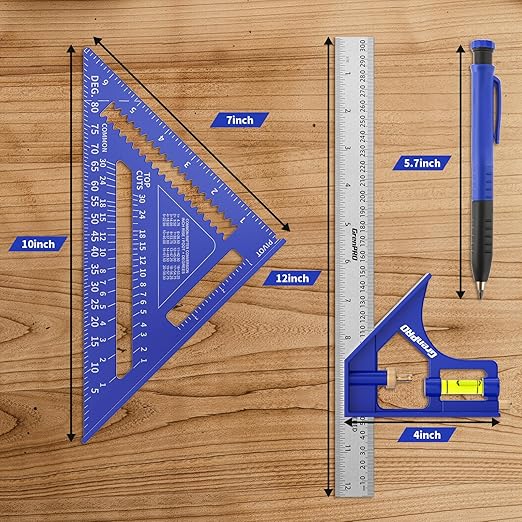 Square Combination Woodworking Tools, 7inch Carpenter Square Wood Working Tools and Accessories, 12inch Square Ruler, Includes 2-in-1 Carpentry Pencil, Protractor Angle Ruler Carpentry Tool