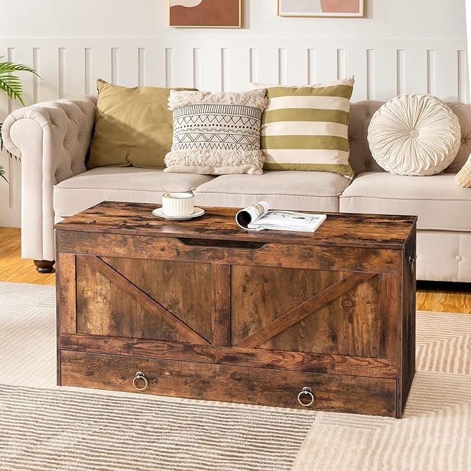 HOOBRO Storage Chest, 39.3" Toy Chest with Drawer, Wooden Storage Bench, Sturdy Entryway Bench Supports 220 lb, Shoe Bench, Safety Hinge, U-Shaped Opening, Easy Assembly, Rustic Brown FG710CW01G1