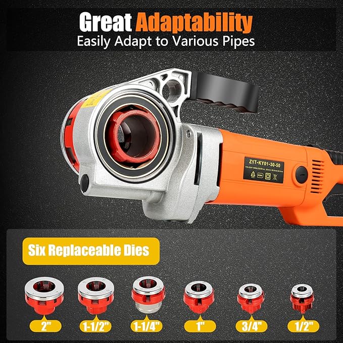 110V Electric Pipe Threader with 6 Dies 1/2"-2", Portable Pipe Treading Machine with All-copper Motor, Hand-held Pipe Treading Kit with Carrying Case for Galvanized pipe, Iron & Steel Pipes, 2300W