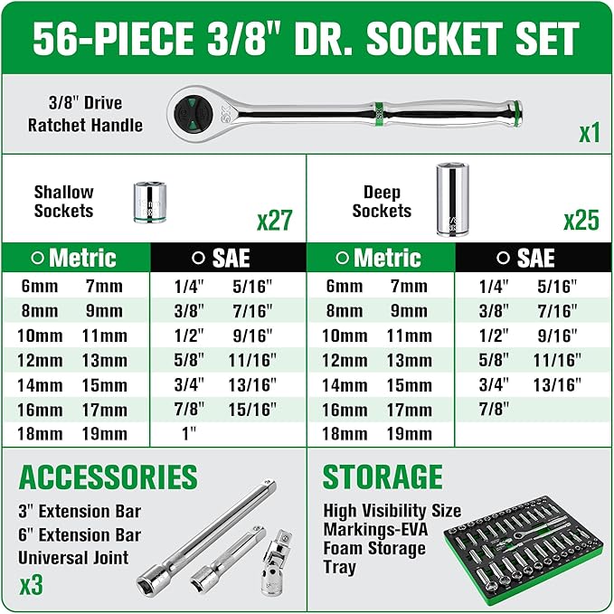 SK 3/8" Drive Socket Set with 160-P Ratchet, 56-Piece, SAE & Metric, SuperKrome Finish, Premium CR-V Construction, with EVA Foam Tool Organizer