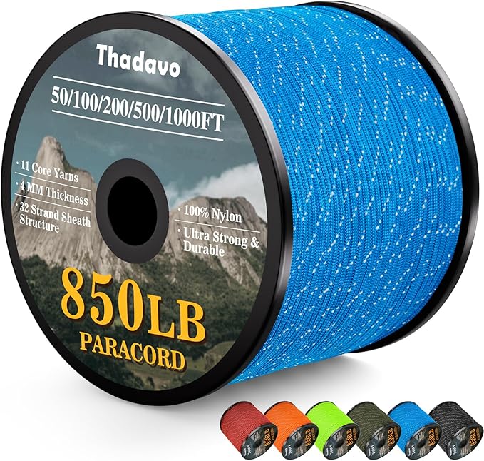 Reflective Paracord Rope 850Ib, 50/100/200/500/1000ft 4MM 11 Strand Strong Parachute Cord, Heavy Duty Paracord Rope for Tent Camping, Fishing, Hiking, DIY Crafts Bracelet, Blue 500FT