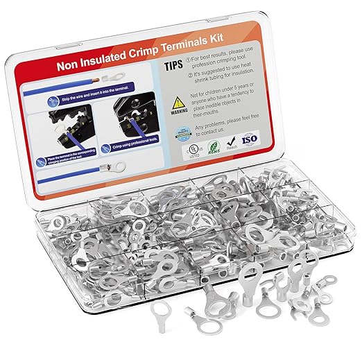 AIRIC Non Insulated Wire Connectors Kit, 22-10 AWG Uninsulated Connector, Bare Cable Ends, Electrical Crimp Terminals End, Wiring lugs for 22-10 Gauge Wires, Ring Fork Terminal, 280 PCS