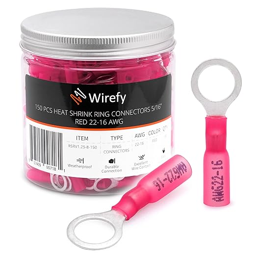 Wirefy 150 PCS Heat Shrink Ring Terminals 5/16" - a Resistant Ring Connectors - Eyelet Wire Connectors - Red 22-16 AWG