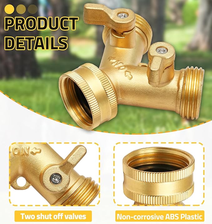 Biaungdo 2 Way Connector Garden Hose Splitter, 3/4 Garden Hose Y Splitter, Solid Brass Hose Adapter Y Valve Spigot Faucet Adapter with Faucet Watering Shut Off Valves