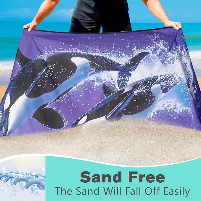 Killer Whale Beach Towel Oversized 36" x 72", Thin Lightweight Sand Free Quick Dry Microfiber Towel for Swimming Pool Cruise Camping Travel
